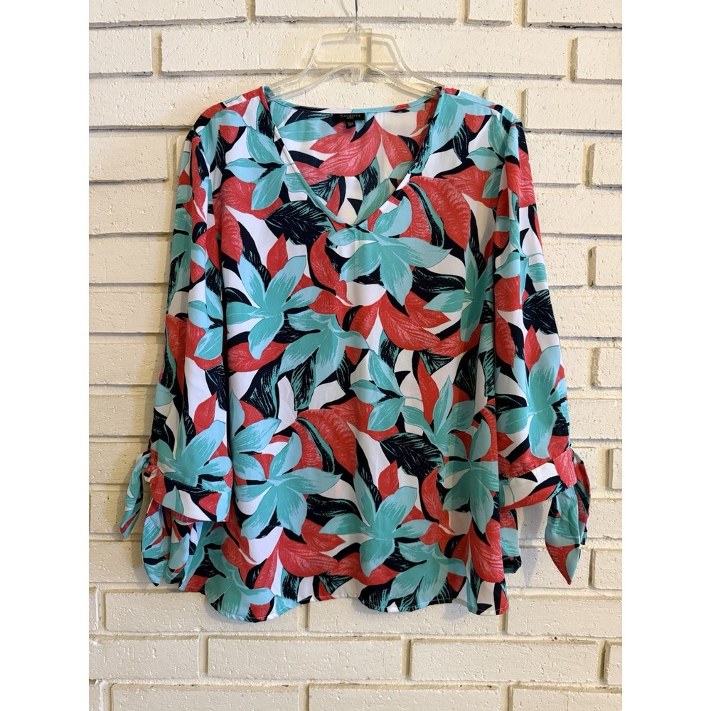 Talbots Floral Top Size XLp Tropical 3/4 Tie Sleeve Office Resort Coastal Artsy